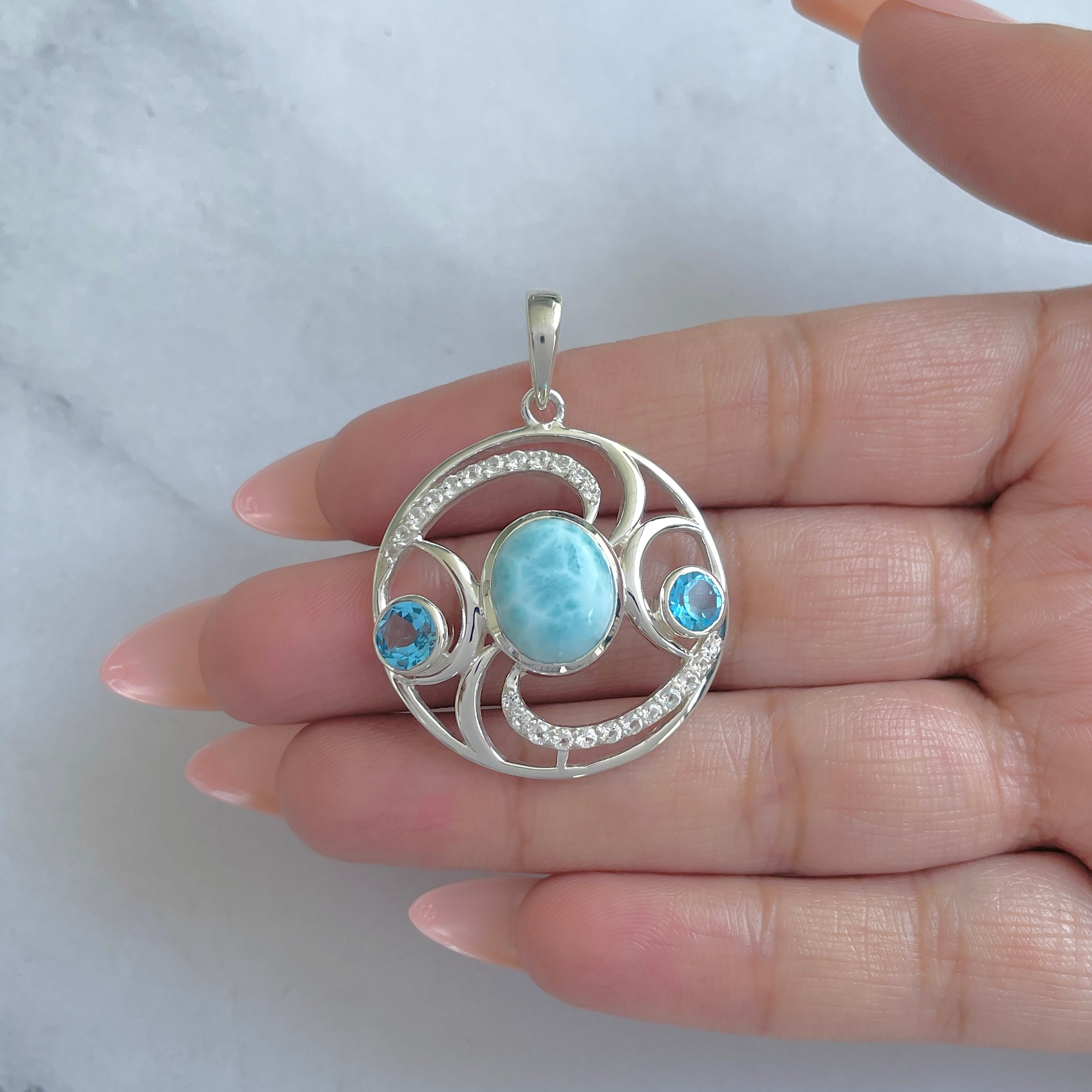 Larimar & Blue Topaz & White Topaz Pendant-(LAR-RDP-311.)