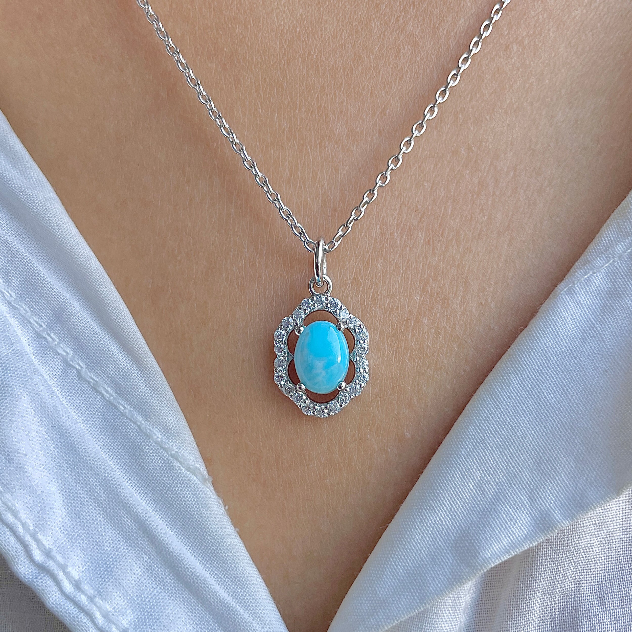 Larimar & White Topaz Necklace With Slider Lock-(LAR-RDN-78.)