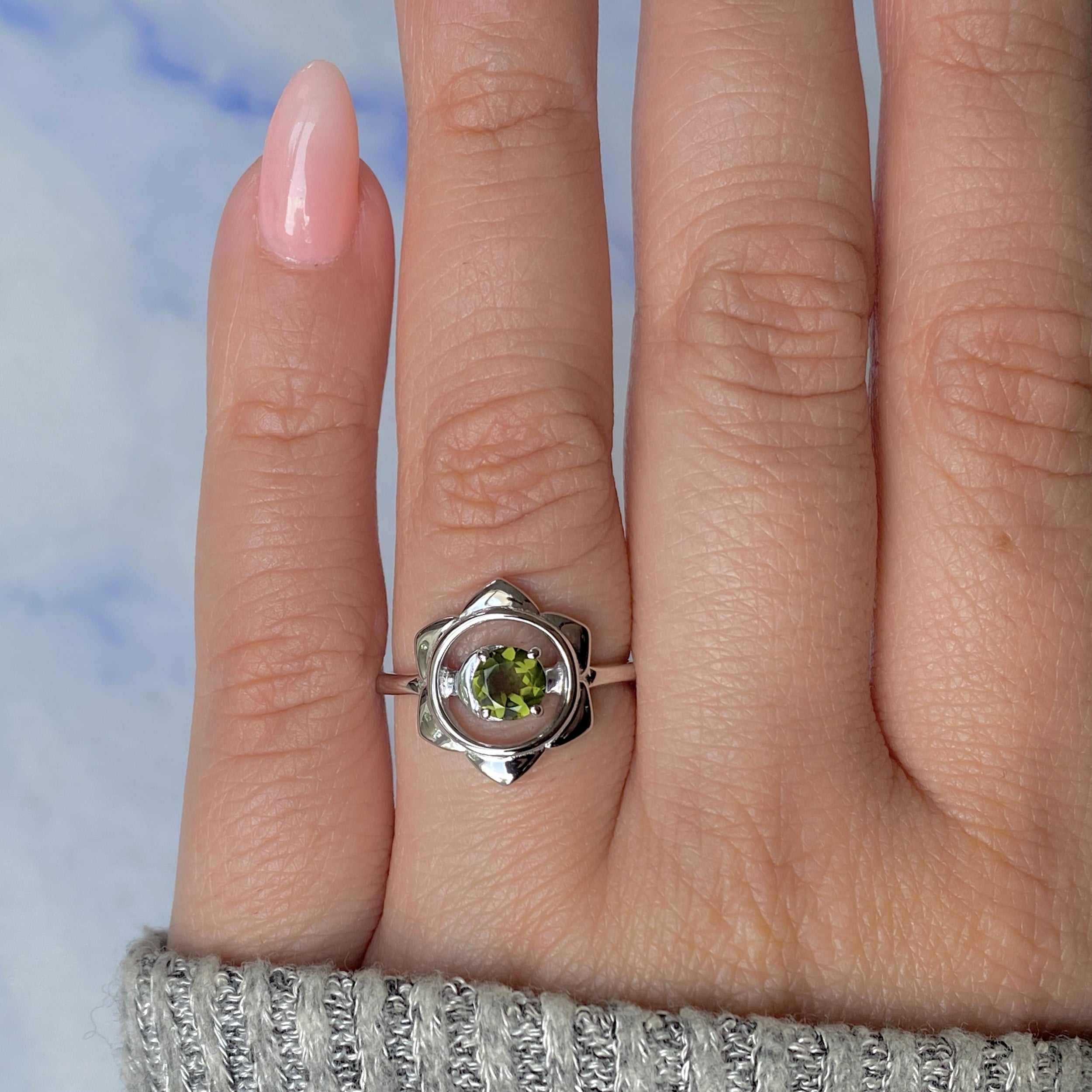 Moldavite Chakra & Crescent Moon Ring-(MLD-RDR-2140.)