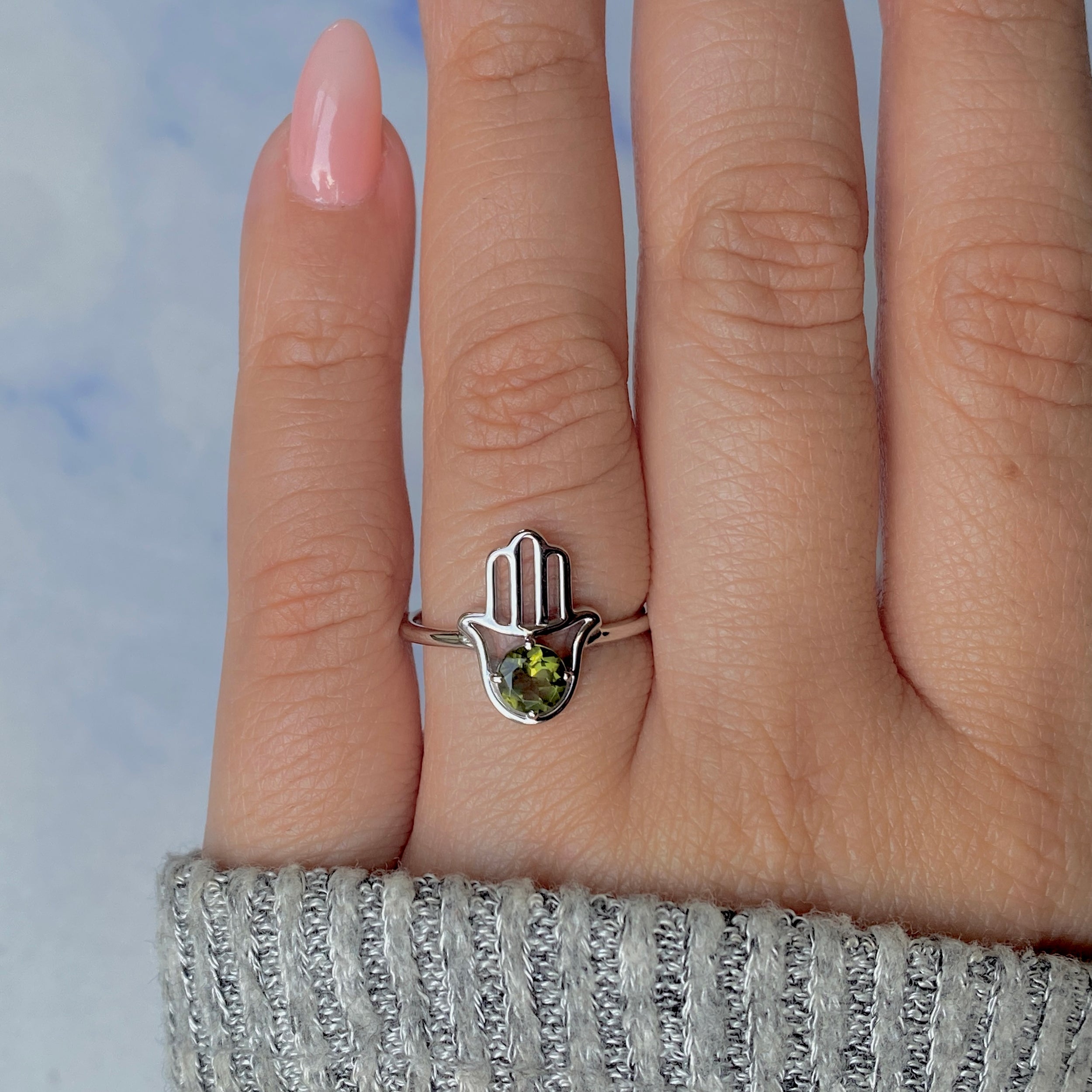 Moldavite Hamsa Hand Ring-(MLD-RDR-2163.)