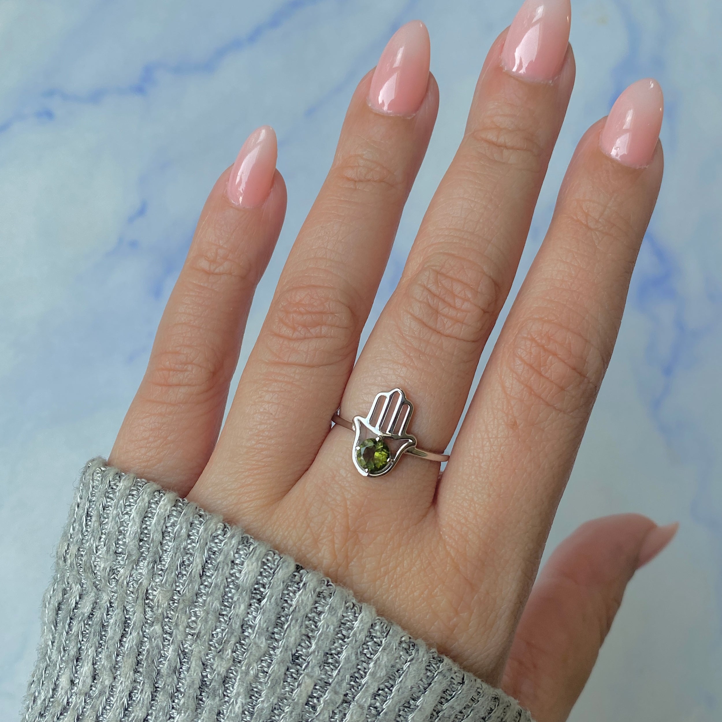 Moldavite Hamsa Hand Ring-(MLD-RDR-2163.)
