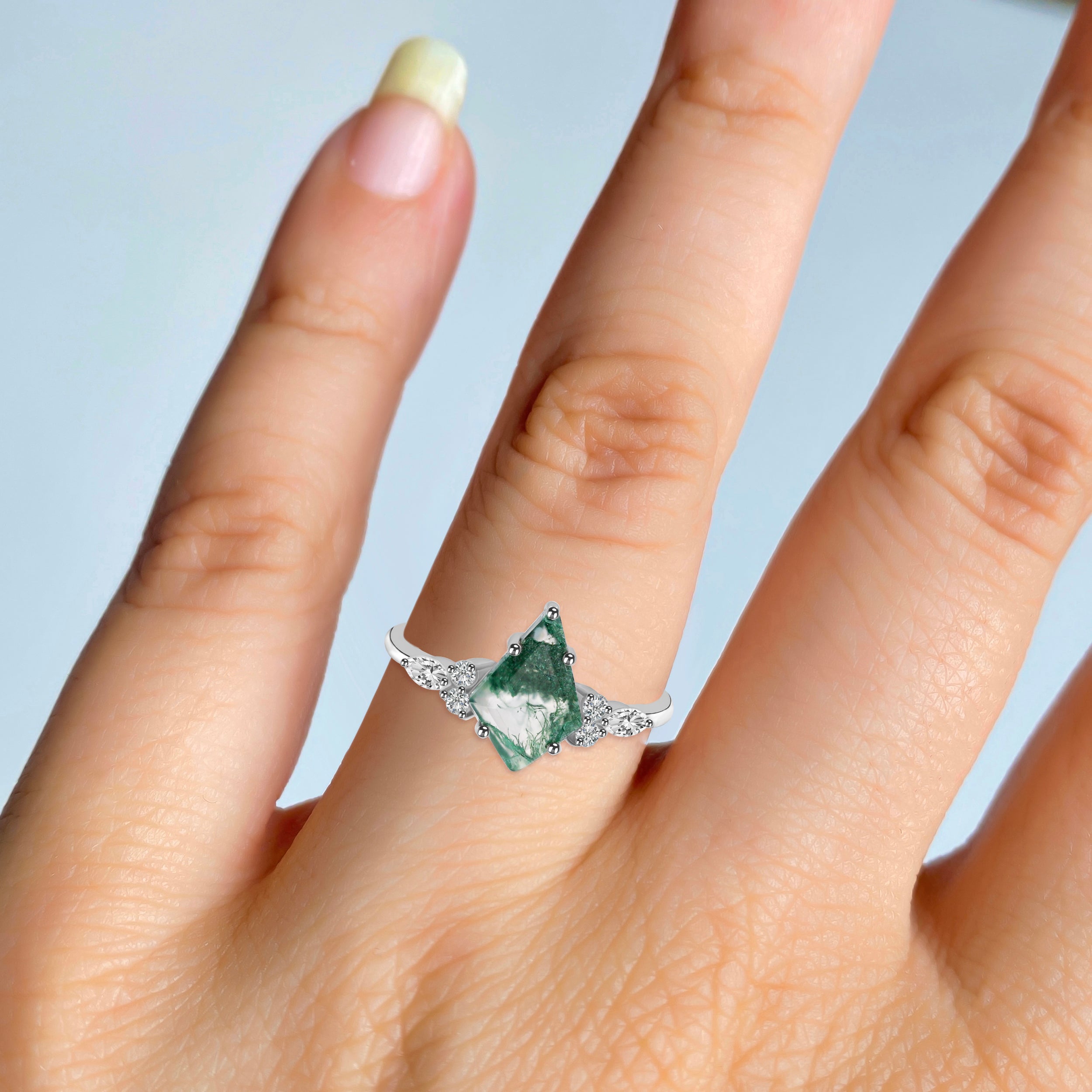 Moss Agate & White Topaz Ring-(MOA-RDR-3366.)