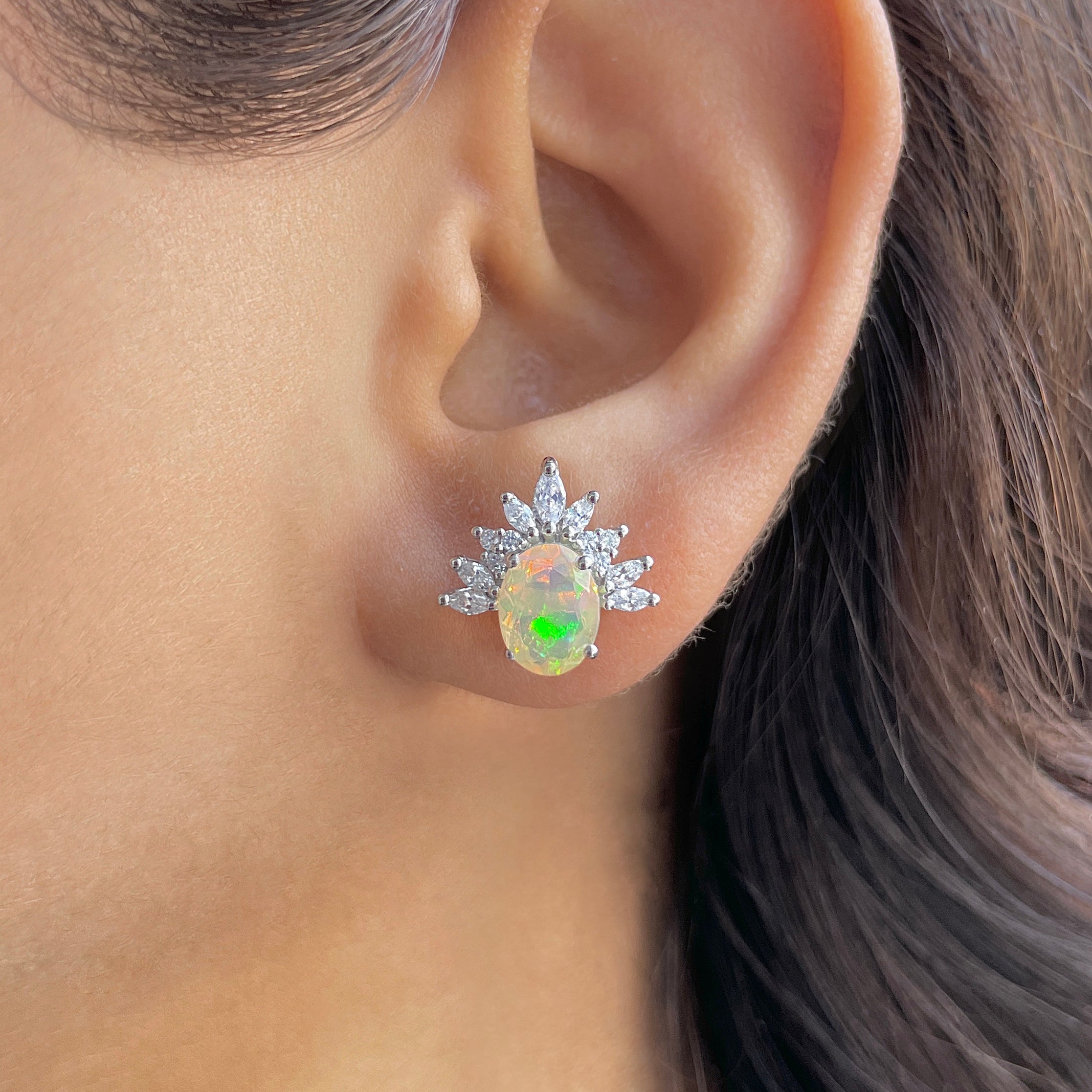 Opal & White Topaz Stud Earring-(OPL-RE-71.)