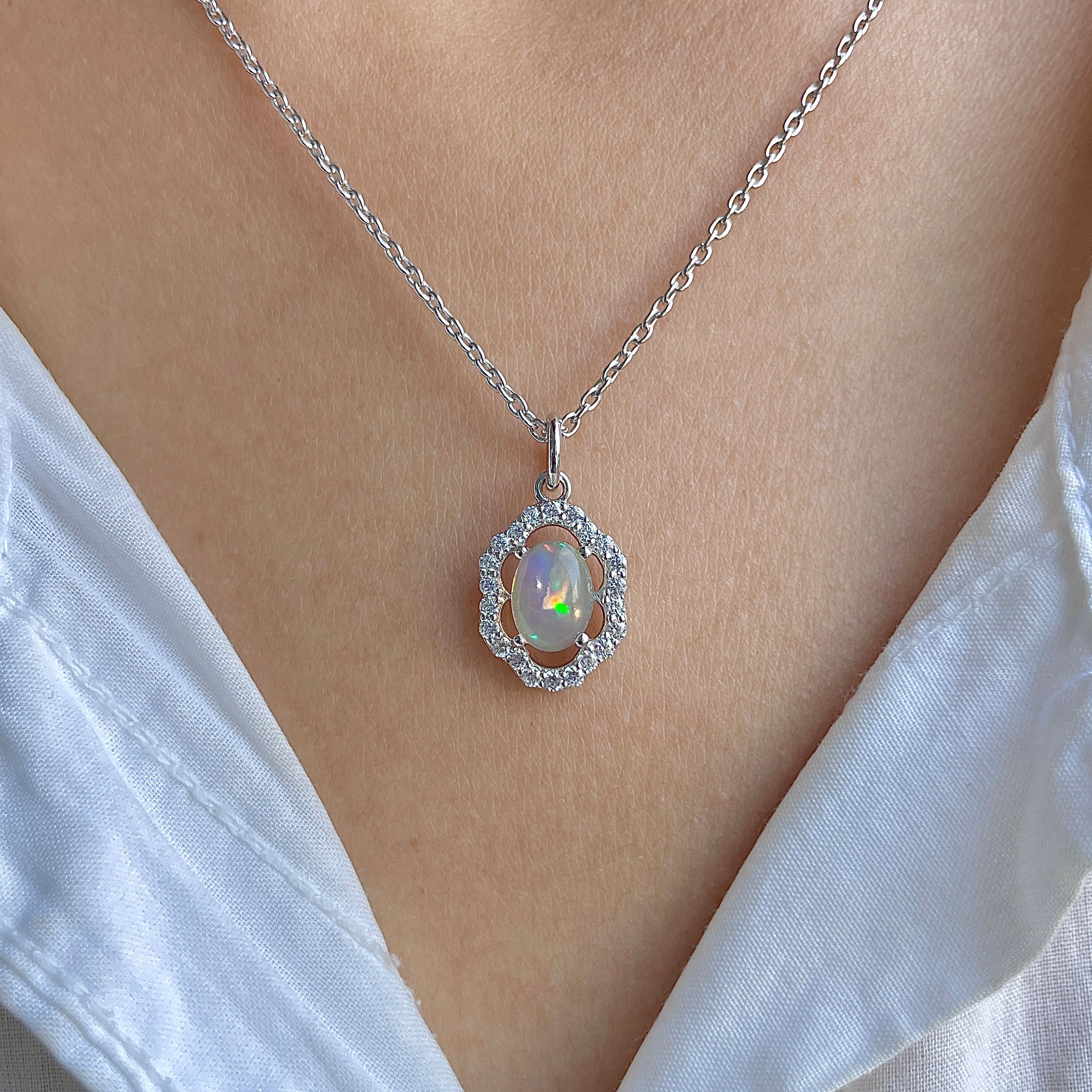Opal & White Topaz Necklace With Slider Lock-(OPL-RDN-78.)