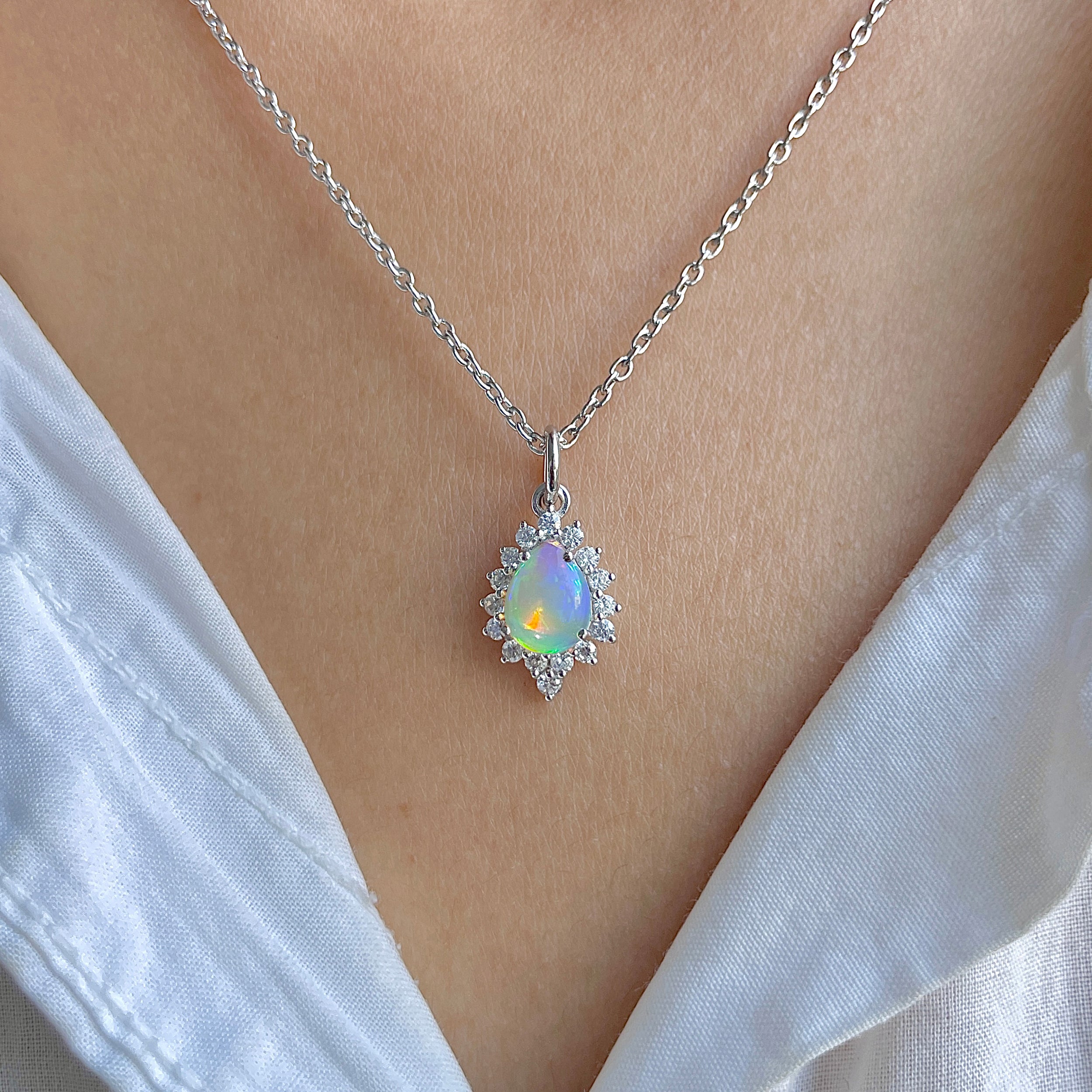 Opal & White Topaz Necklace With Slider Lock-(OPL-RDN-79.)