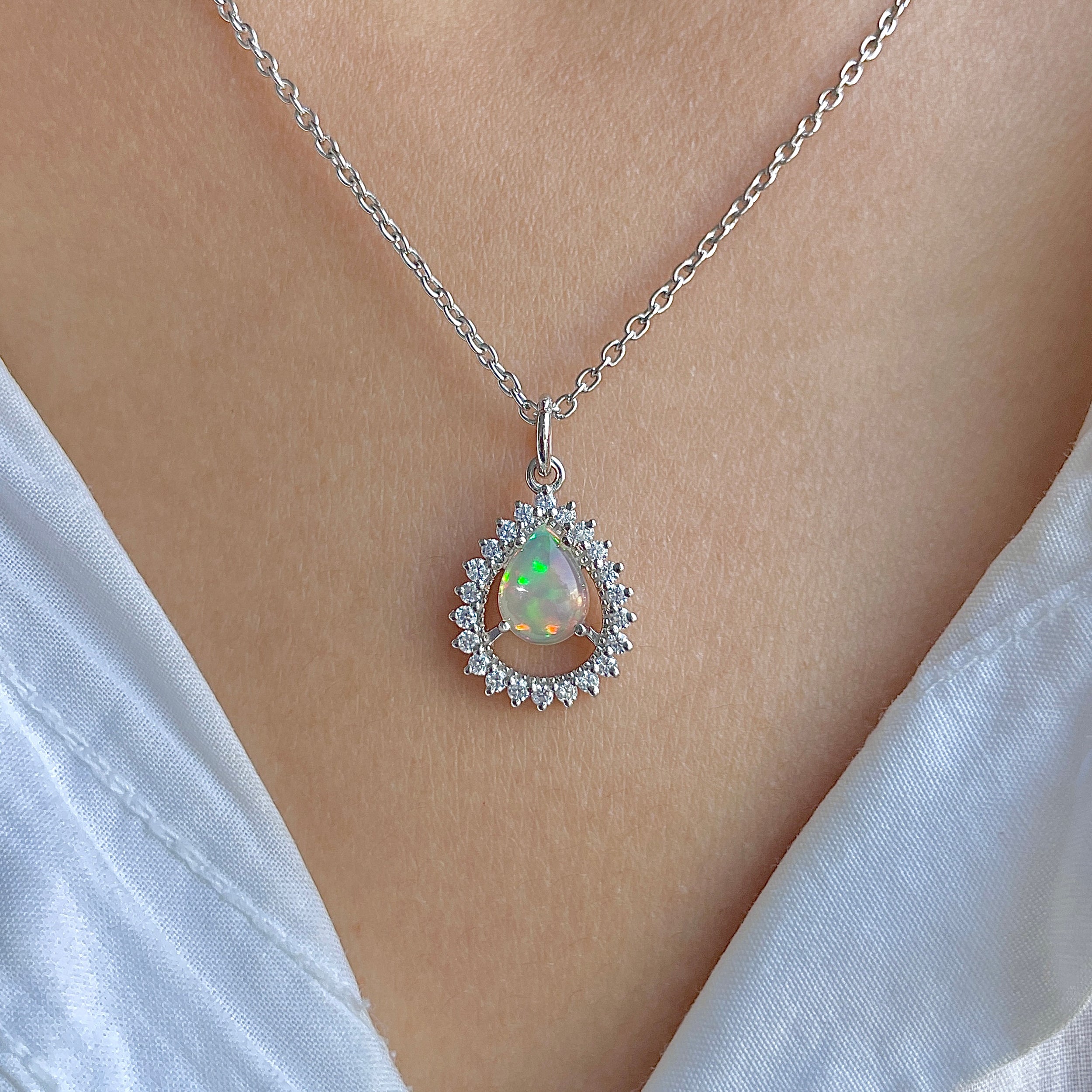 Opal & White Topaz Necklace With Slider Lock-(OPL-RDN-80.)