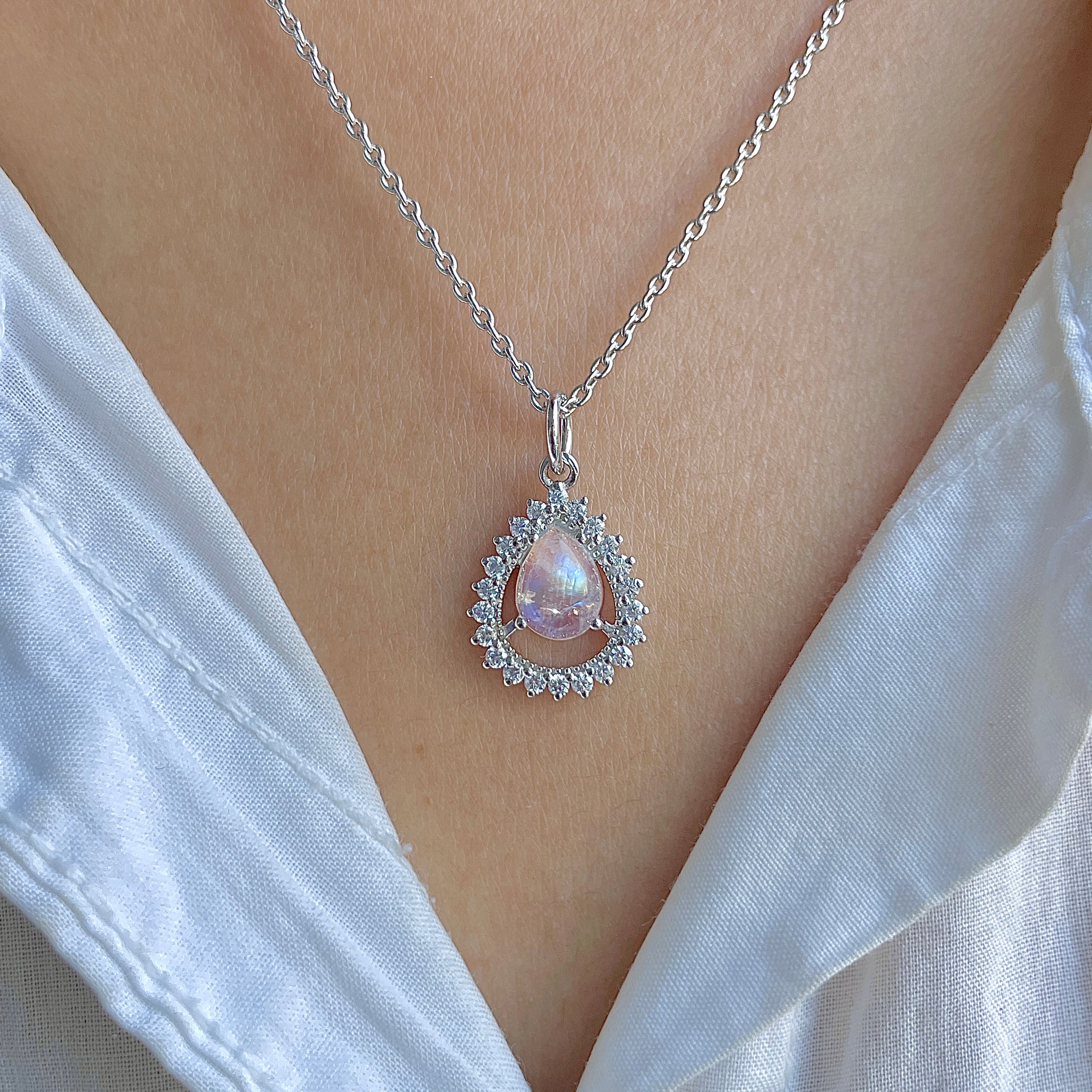 Moonstone & White Topaz Necklace With Slider Lock-(RBM-RDN-80.)