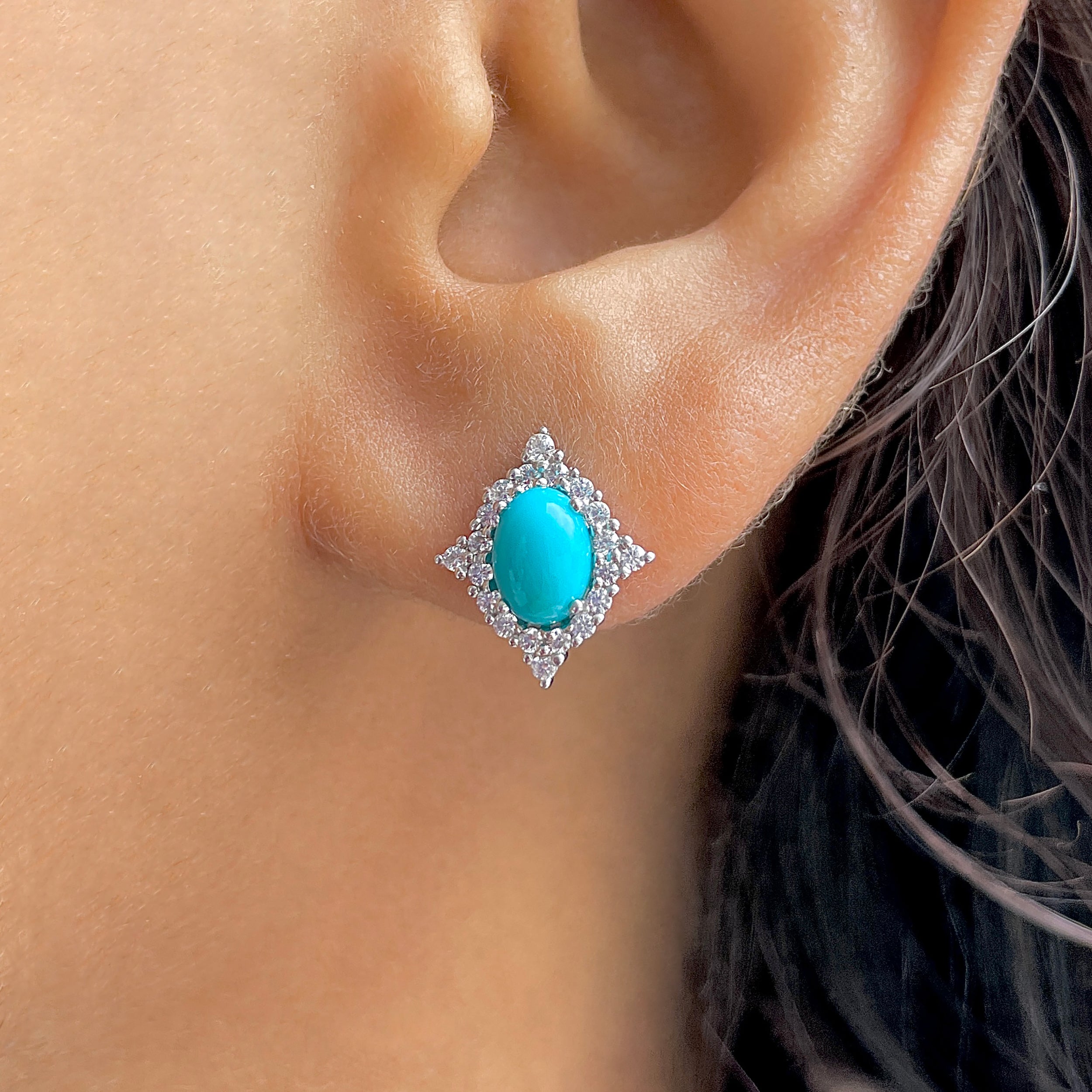 Turquoise & White Topaz Stud Earring-(TRQ-RDE-849.)