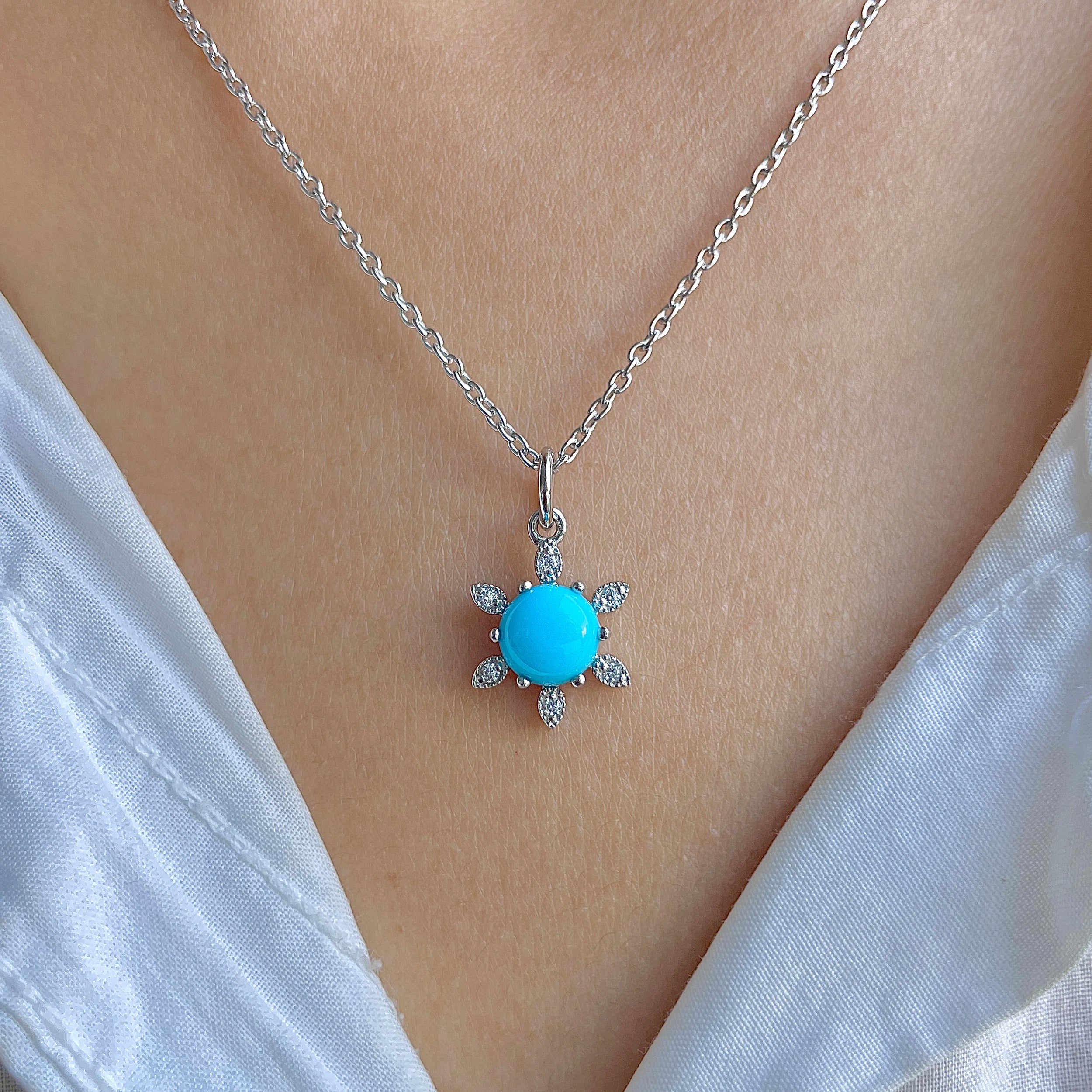 Turquoise & White Topaz Necklace With Slider Lock-(TRQ-RDN-75.)