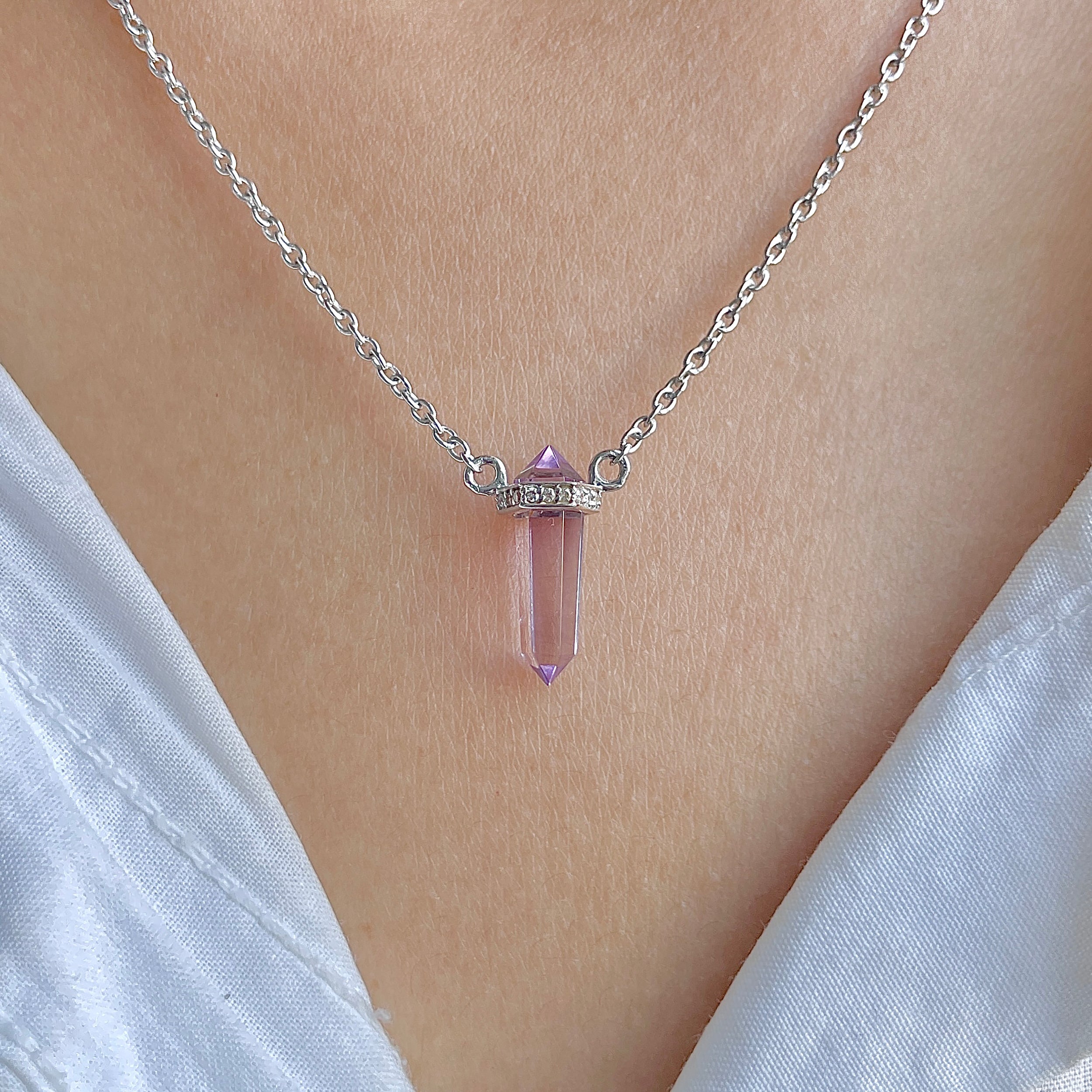 Amethyst & White Topaz Pencil Necklace-(AMT-RN-84.)