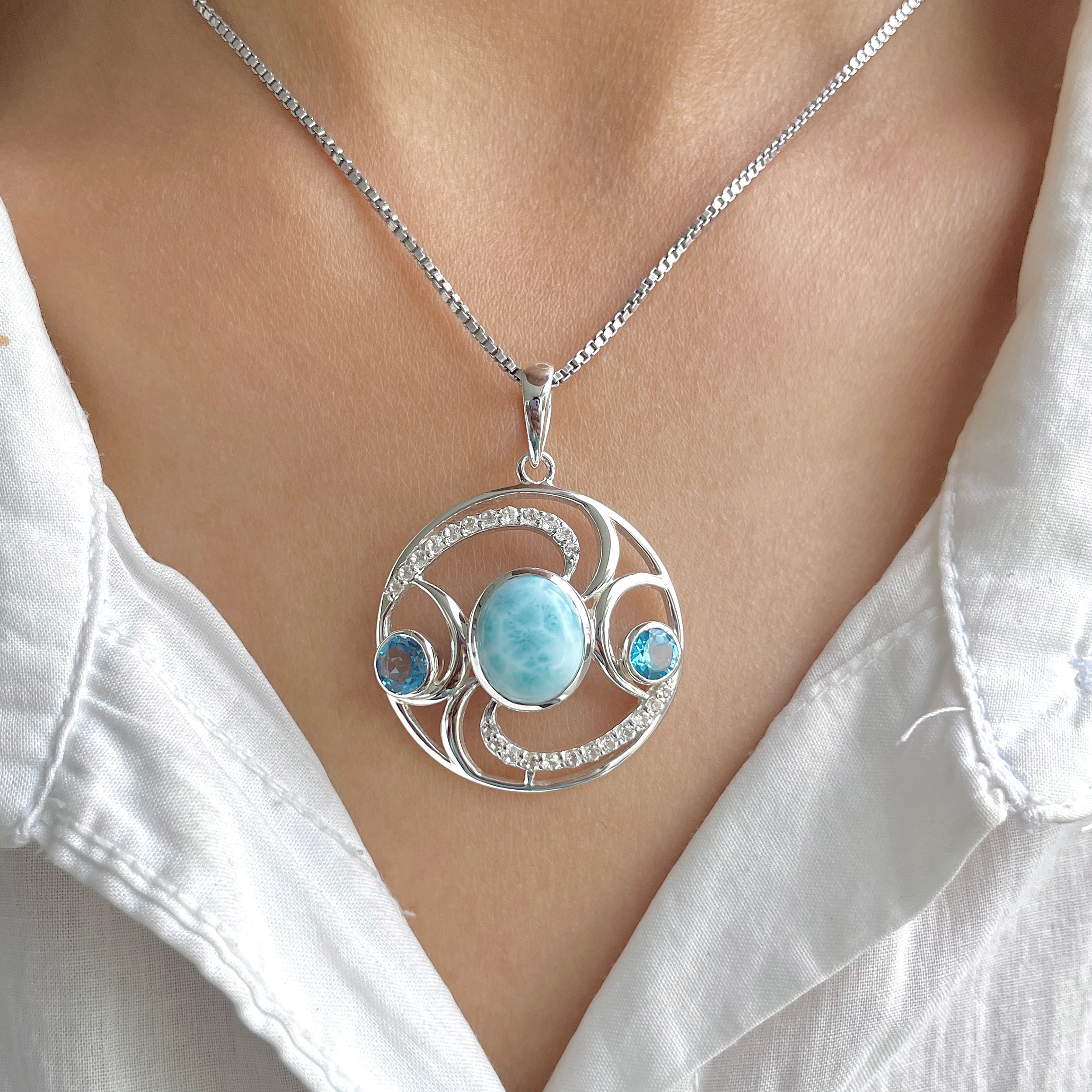 Larimar & Blue Topaz & White Topaz Pendant-(LAR-RDP-311.)