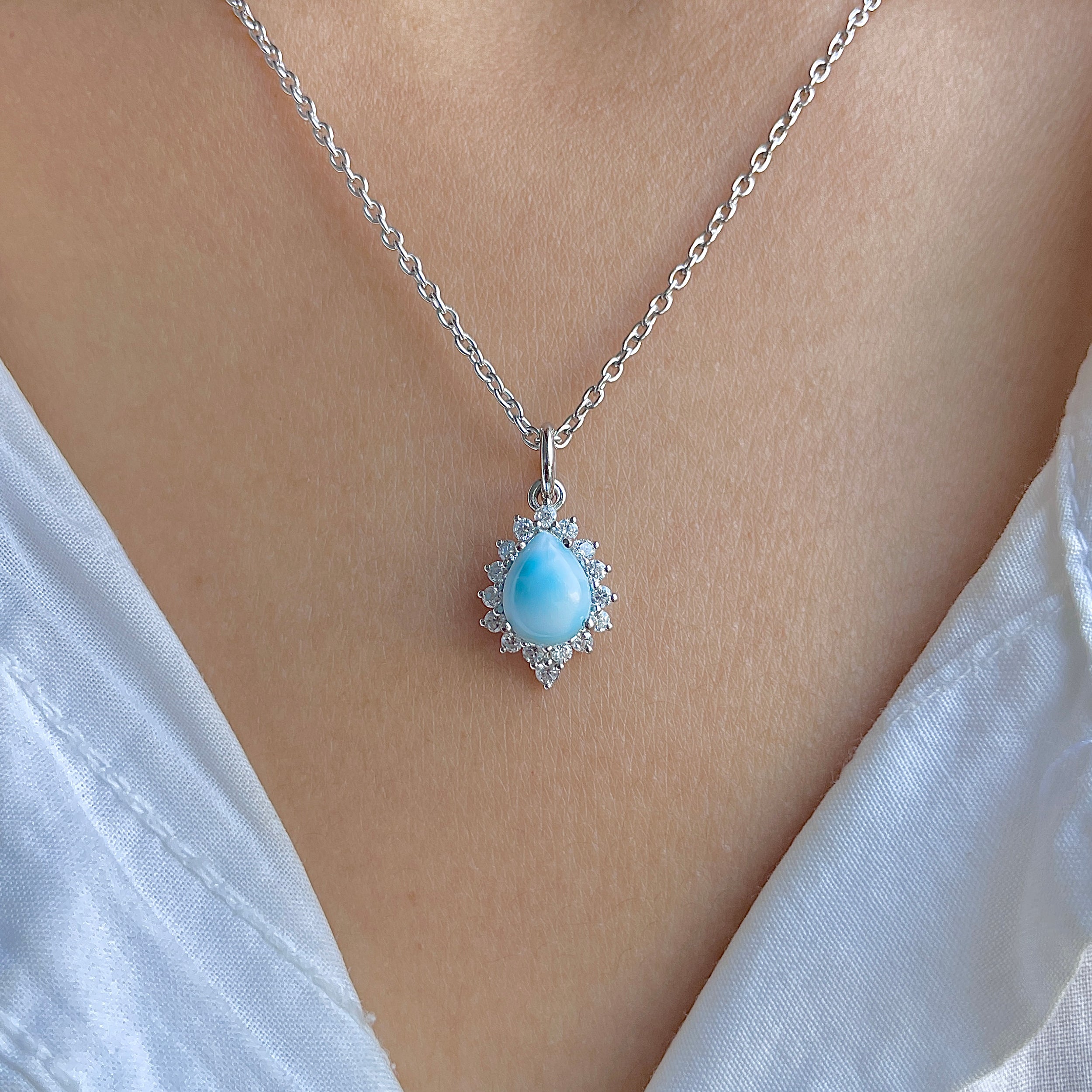 Larimar & White Topaz Necklace With Slider Lock-(LAR-RDN-79.)
