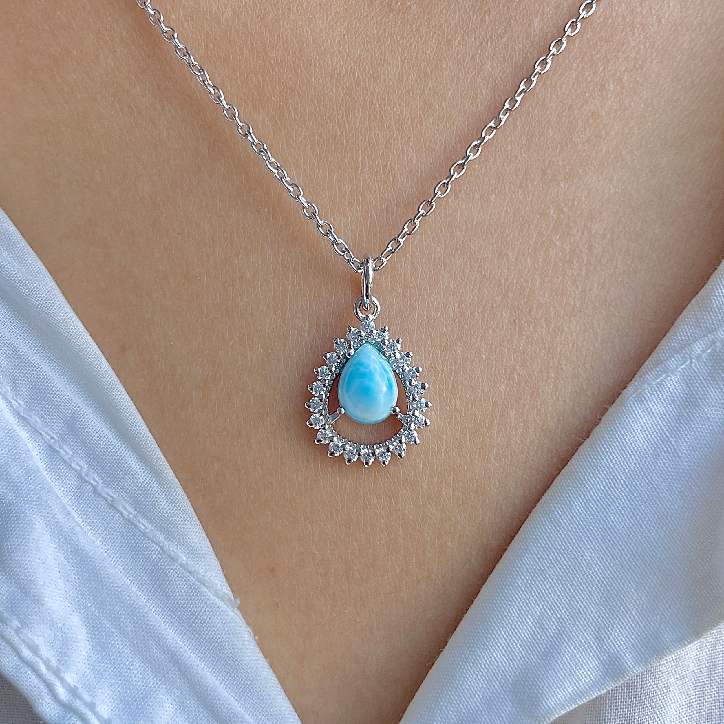 Larimar & White Topaz Necklace With Slider Lock-(LAR-RDN-80.)
