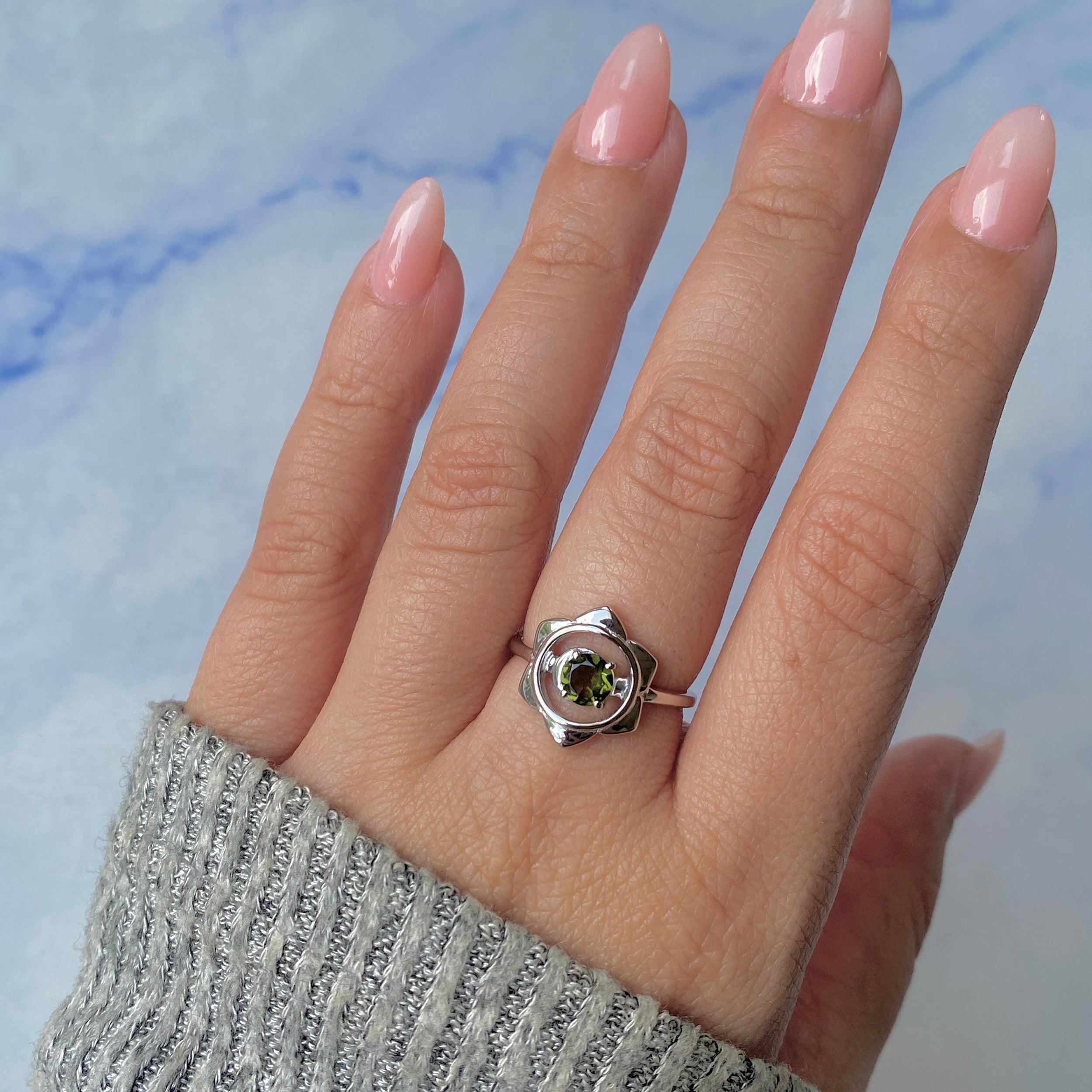 Moldavite Chakra & Crescent Moon Ring-(MLD-RDR-2140.)