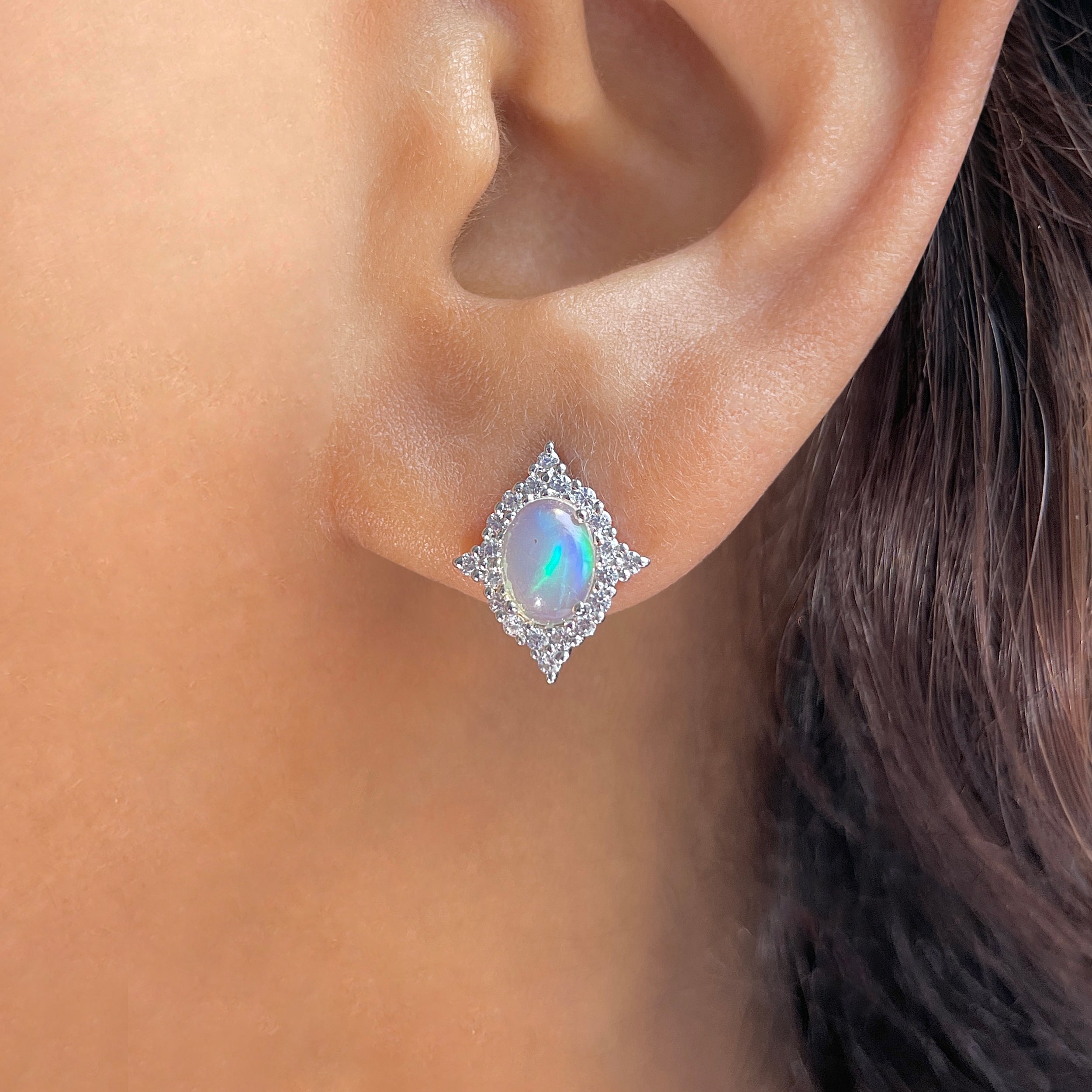 Opal & White Topaz Stud Earring-(OPL-RDE-849.)