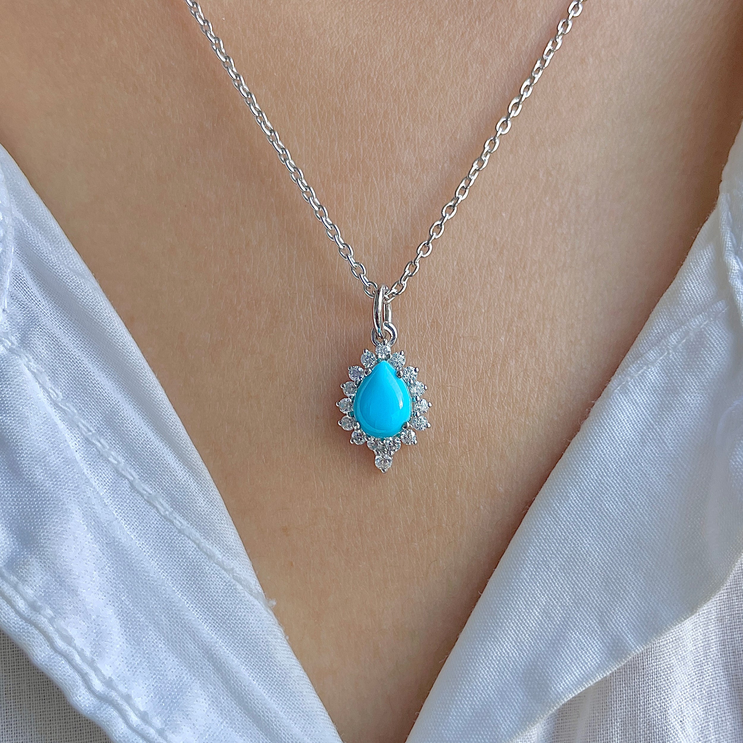 Turquoise & White Topaz Necklace With Slider Lock-(TRQ-RDN-79.)