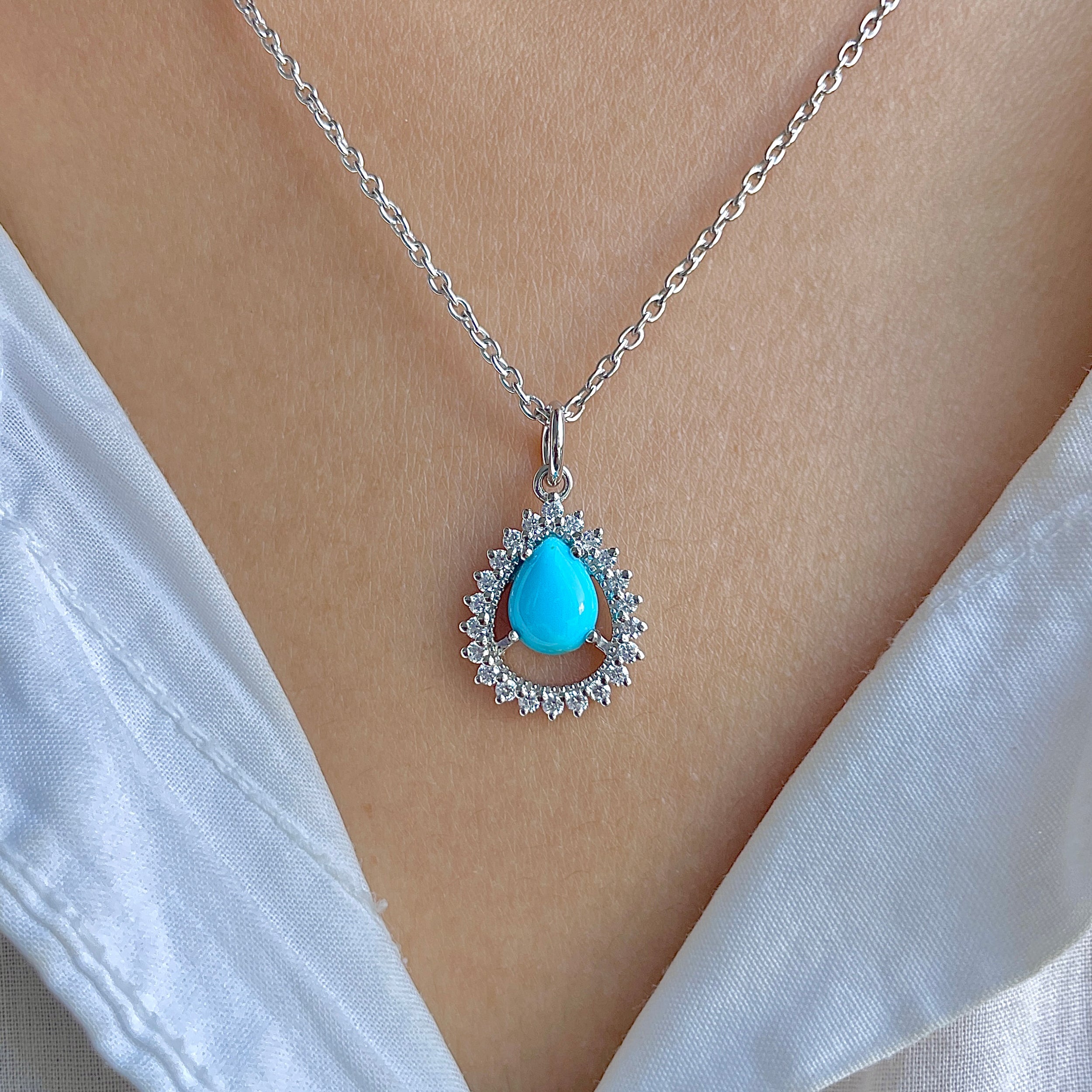 Turquoise & White Topaz Necklace With Slider Lock-(TRQ-RDN-80.)