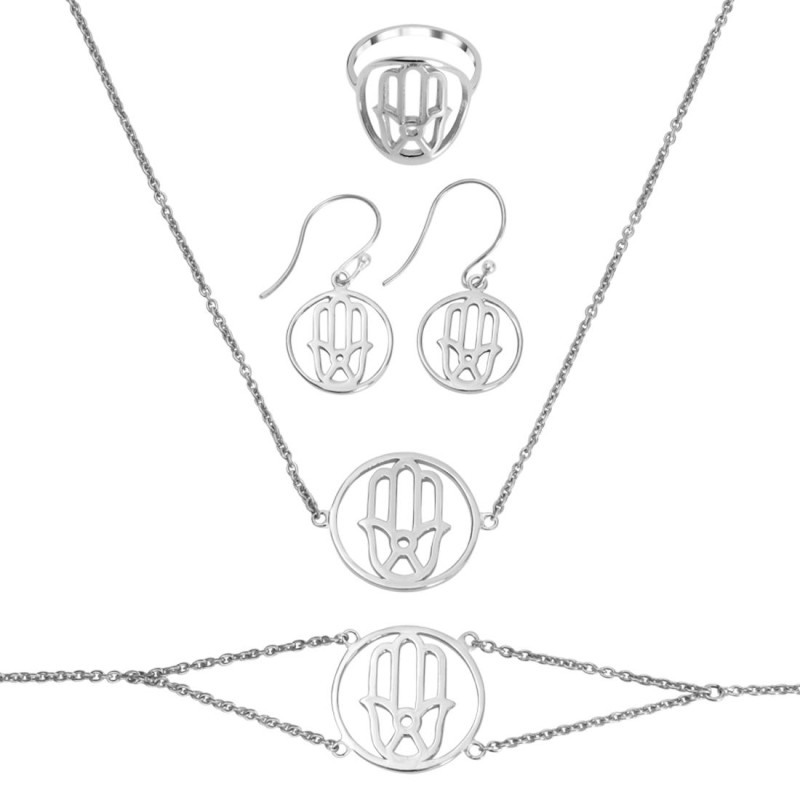 Hamsa Hand Plain Silver Jewelry Set PS-RDR-316 / RDE-537 / RDN-5 / RDB-5.