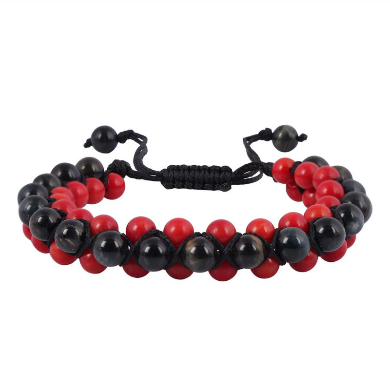 Black Obsidian / Red Coral Beaded Bracelet BDD-11-120
