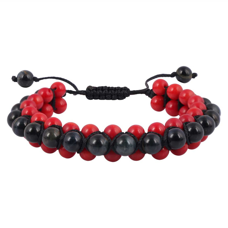 Black Obsidian / Red Coral Beaded Bracelet BDD-11-138
