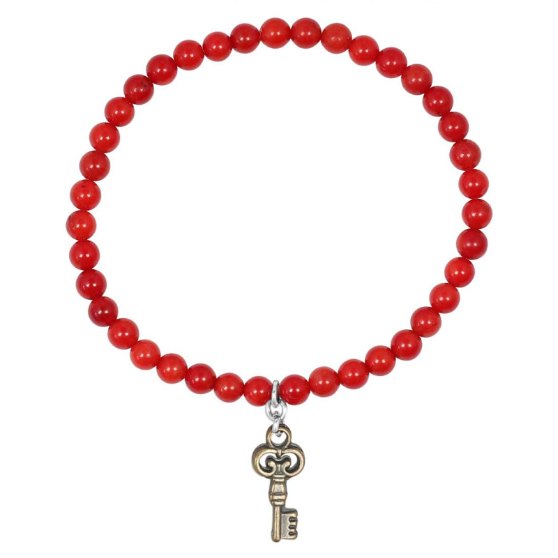 Key Charm / Red Coral Beaded Bracelet BDD-11-207
