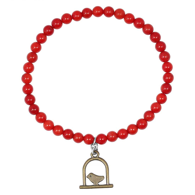 Bird On A Swing Charm / Red Coral Beaded Bracelet BDD-11-213