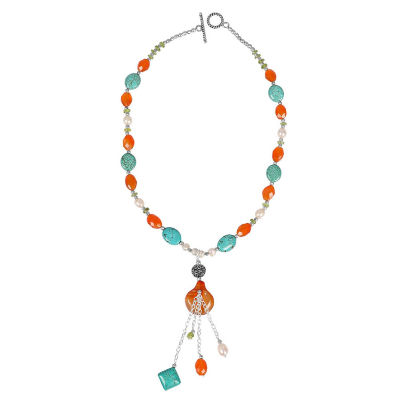 Turquoise/Carnelian/Pearl Beaded Necklace BDD-12-1625