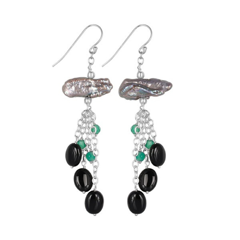 Biwa Pearl/Black Spinel Beaded Earring BDD-3-144