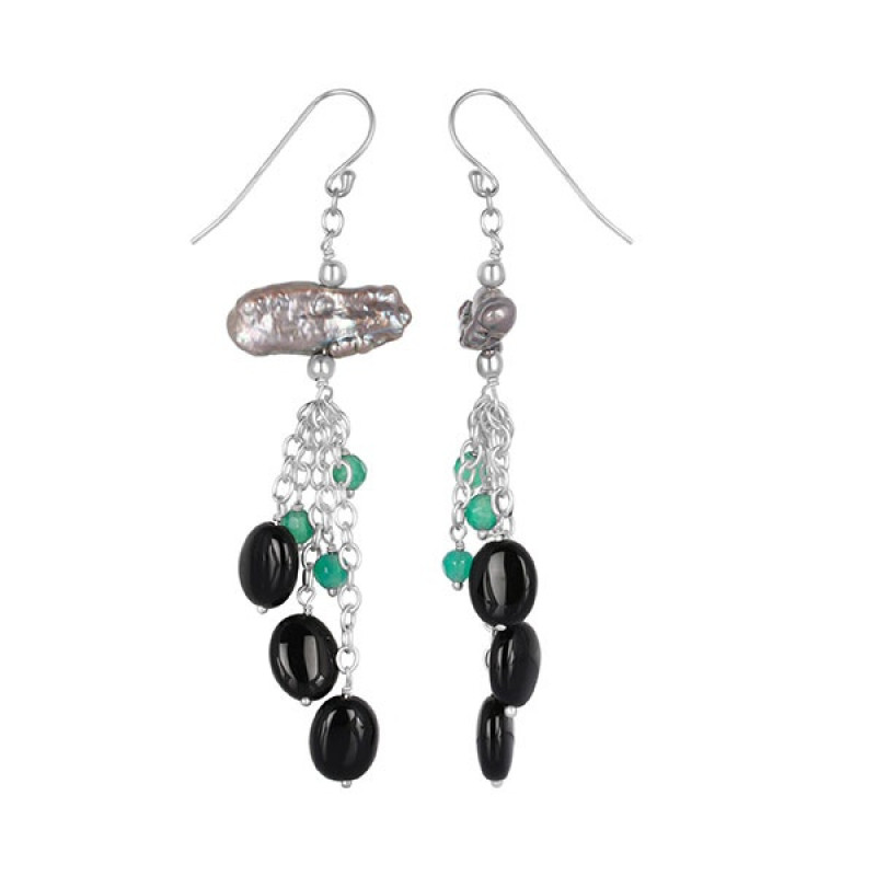 Biwa Pearl/Black Spinel Beaded Earring BDD-3-144