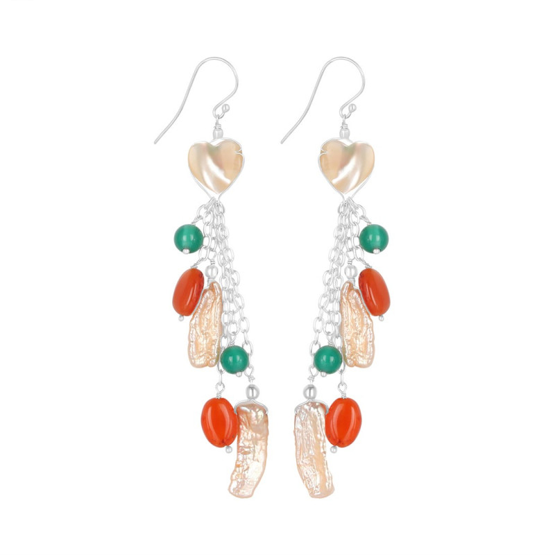 Biwa Pearl/Carnelian Beaded Earring BDD-3-166