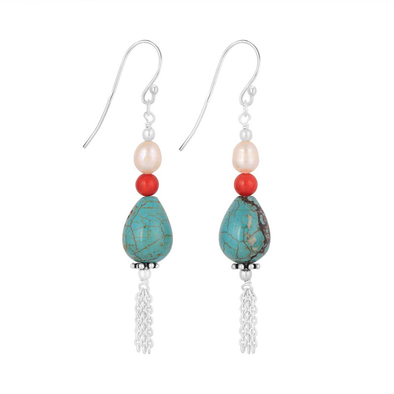 Turquoise / Pearl / Red Coral Beaded Earring BDD-3-173