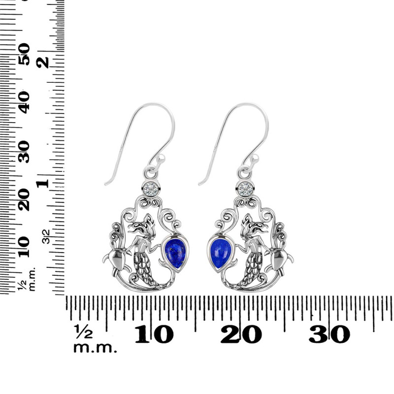 Lapis & White Topaz Mermaid & Turtle Earring LLP-RUE-67.