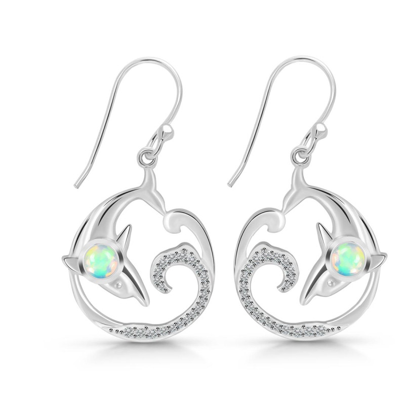 Opal & White Topaz Dolphin & Waves Earring OPL-RUE-20.