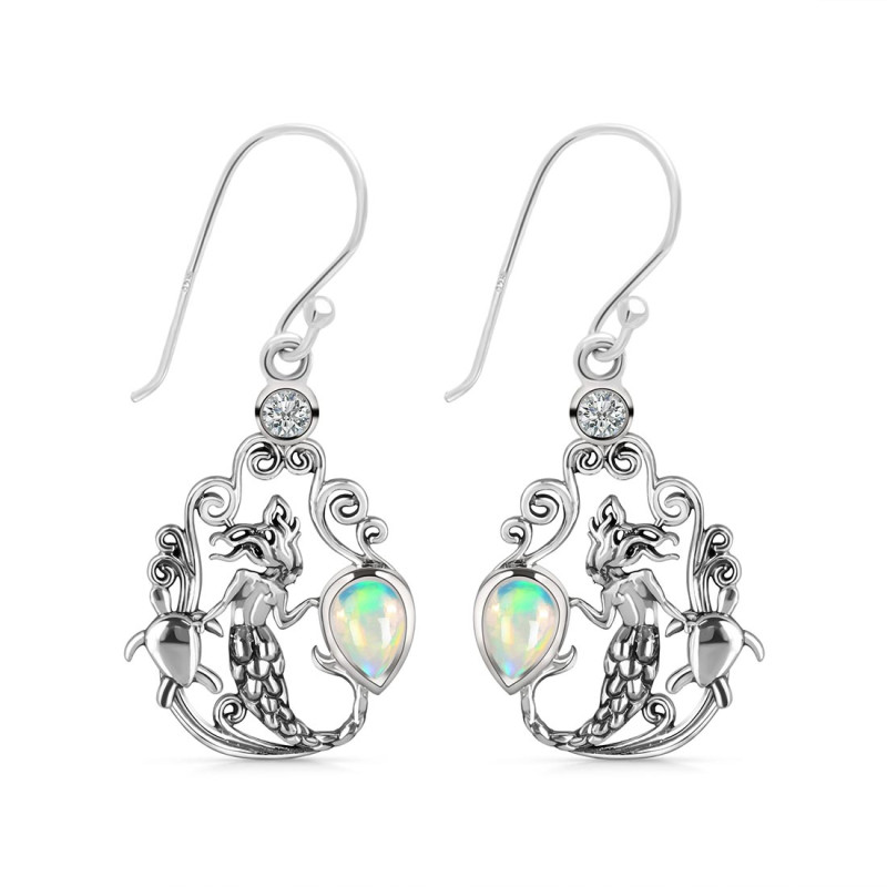 Opal & White Topaz Mermaid & Turtle Earring OPL-RUE-67.