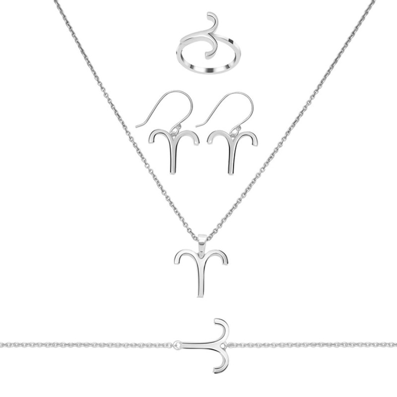 Aries Zodiac Plain Silver Jewelry Set PS-RDR-3098/RDE-1497/RDB-182/RDC-20.