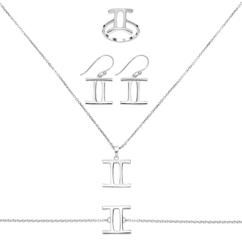 Gemini Zodiac Plain Silver Jewelry Set PS-RDR-3091/RDE-1499/RDB-184/RDC-22.