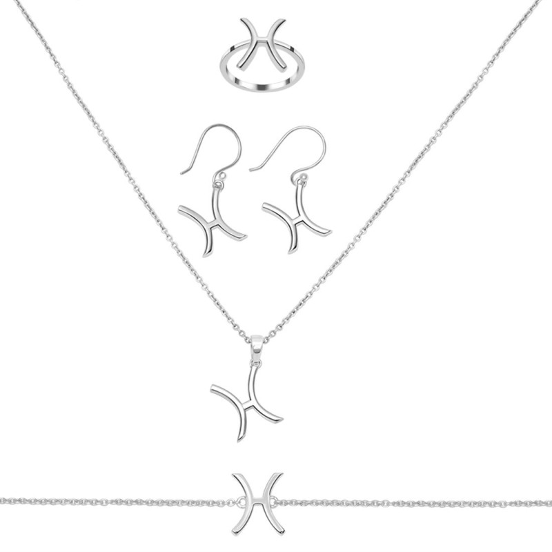 Pisces Zodiac Plain Silver Jewelry Set PS-RDR-3089/RDE-1495/RDB-181/RDC-19.