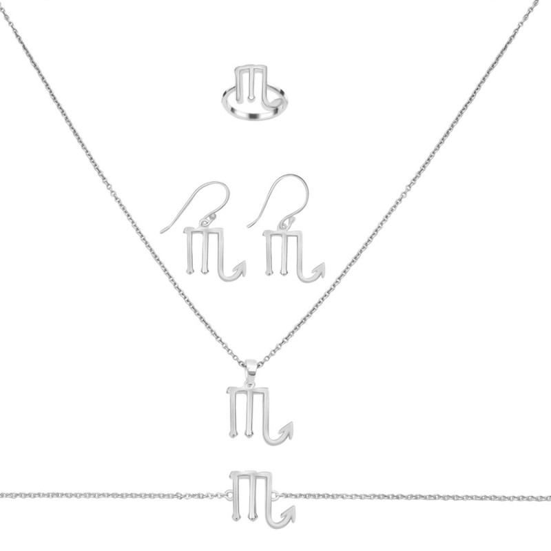 Scorpio Zodiac Plain Silver Jewelry Set PS-RDR-3096/RDE-1504/RDB-189/RDC-27.