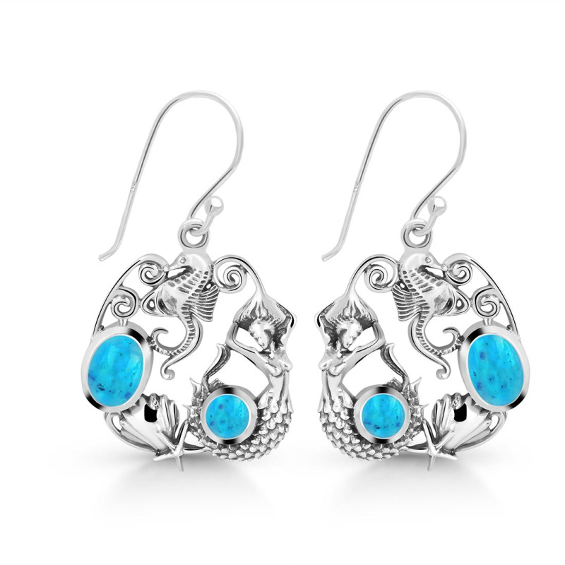 Turquoise Mermaid & Sea Horse & Star Fish & Shell Earring TRQ-RUE-66.