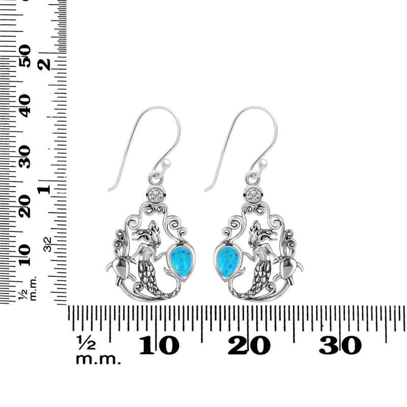 Turquoise & White Topaz Mermaid & Turtle Earring TRQ-RUE-67.