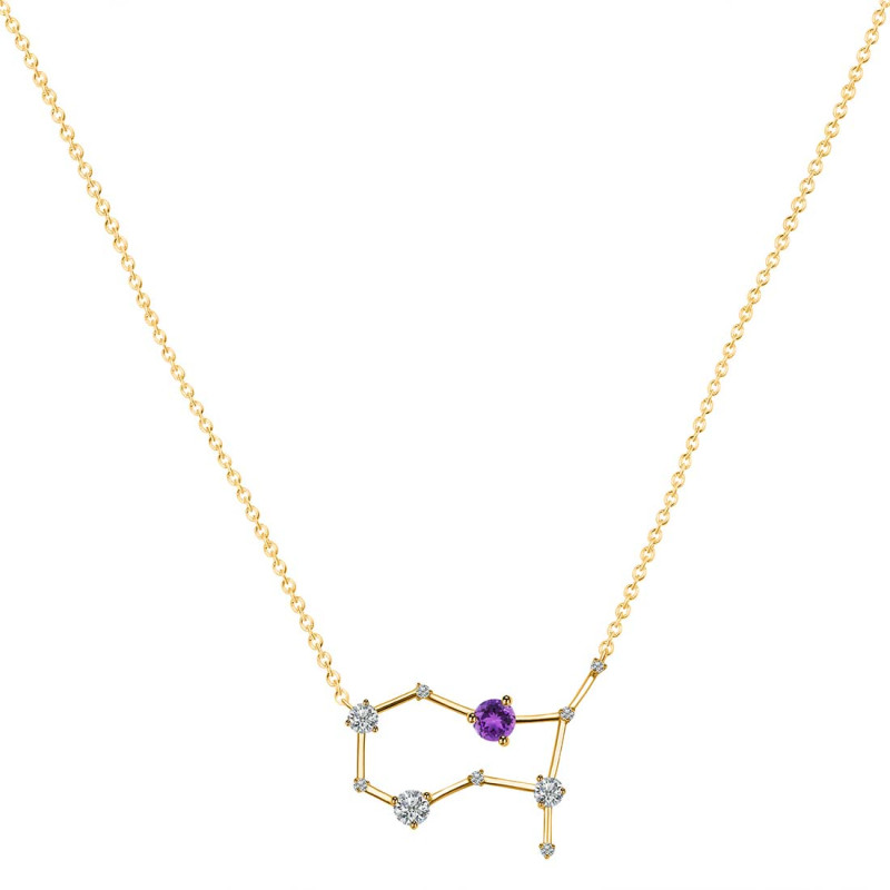 Gemini Zodiac Star Constellation Amethyst & White Topaz Necklace AMT-RDN-490.