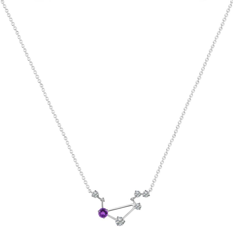 Libra Zodiac Star Constellation Amethyst & White Topaz Necklace AMT-RDN-494.