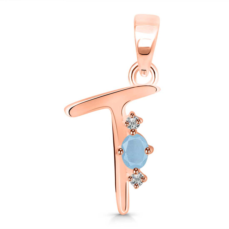 Aquamarine & White Topaz Alphabet T Pendant AQM-RDA-20.