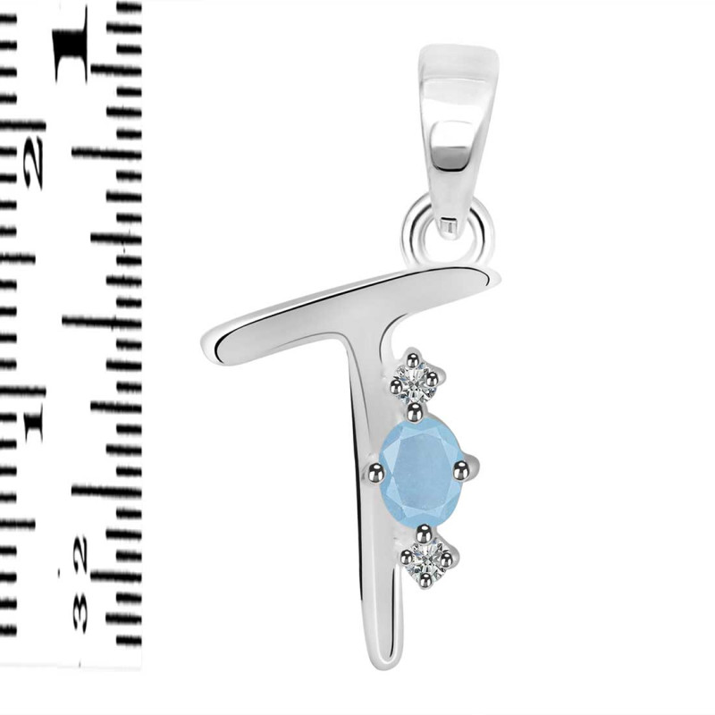Aquamarine & White Topaz Alphabet T Pendant AQM-RDA-20.