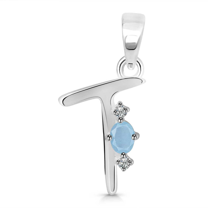 Aquamarine & White Topaz Alphabet T Pendant AQM-RDA-20.