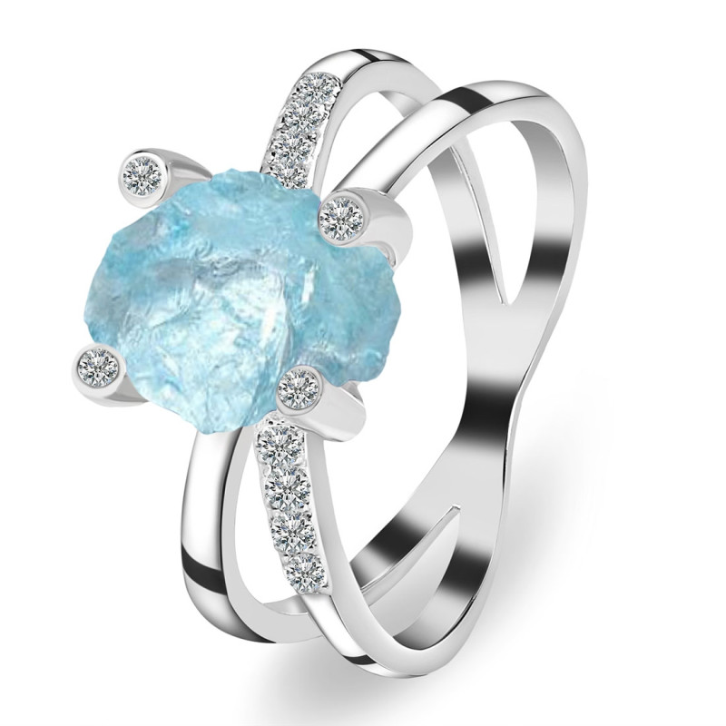 Aquamarine Raw Crystal & White Topaz Ring