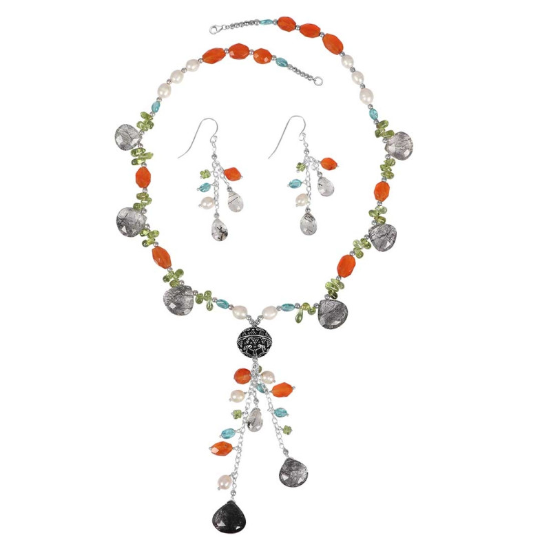 Black Rutile/Carnelian Beaded  Jewelry Set BDD-12-1644