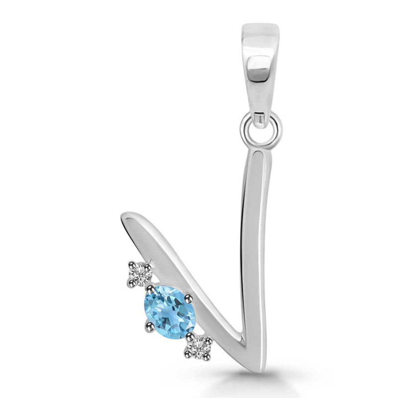 Blue Topaz & White Topaz Alphabet V Pendant BTZ-RDA-22.