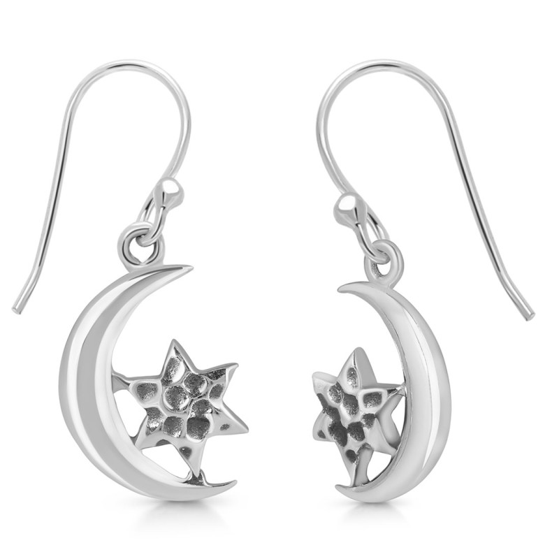 Plain Silver Crescent Moon & Star Earring