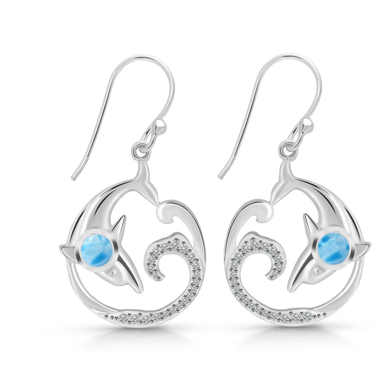 Larimar & White Topaz Dolphin & Waves Earring LAR-RUE-20.